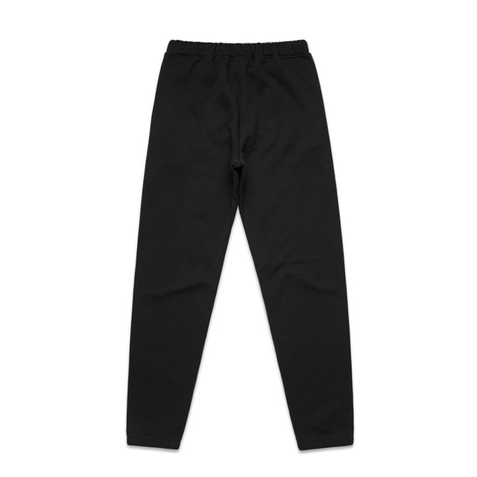 A pair of black track pants with an elastic waistband and tapered legs, featuring a logo.