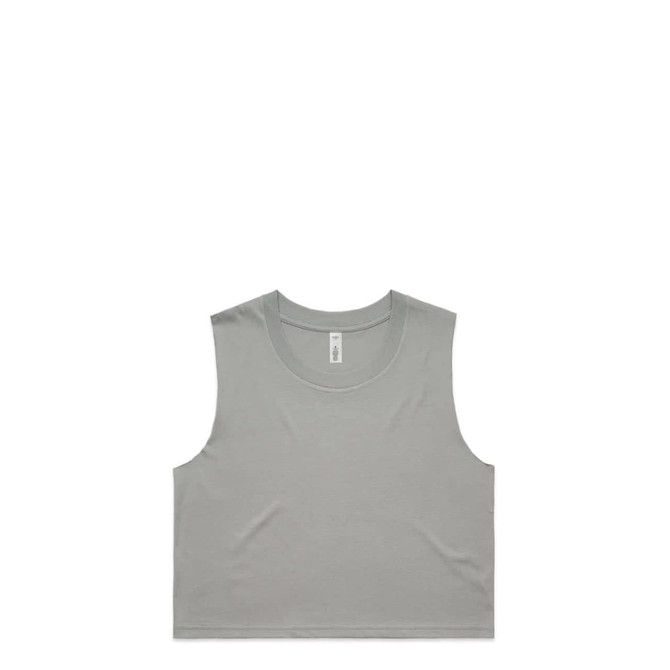 A light green crop tank top with a round neckline and a simple design, featuring a logo.
