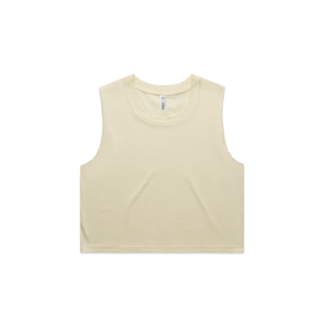 A pale yellow crop tank top with a logo, featuring a sleeveless design and a relaxed fit.