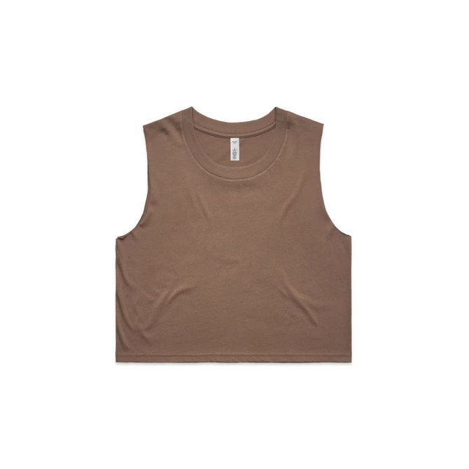 A brown crop tank top with a relaxed fit. It features a rounded neckline and has a branding logo.
