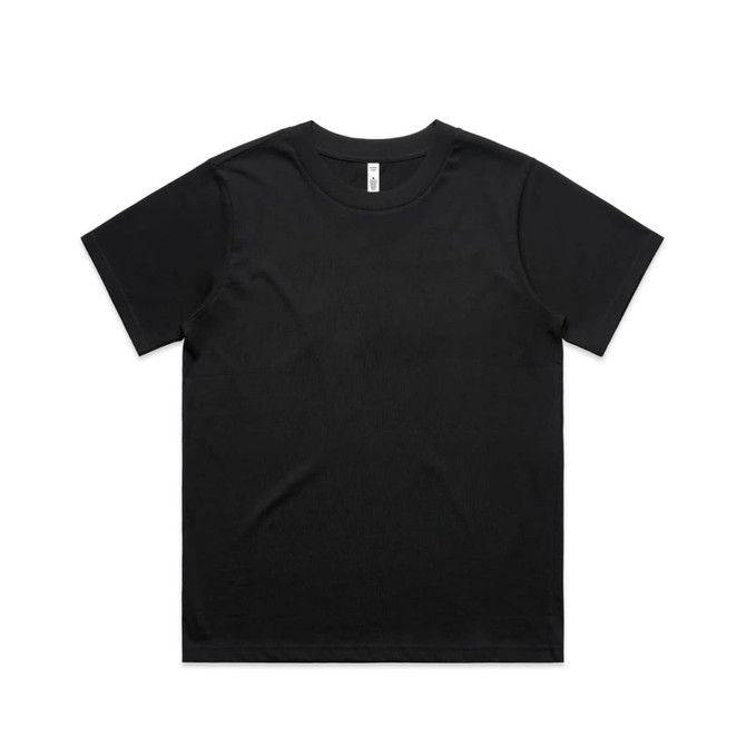 A black t-shirt with short sleeves and a round neck, featuring a logo on the inside label.