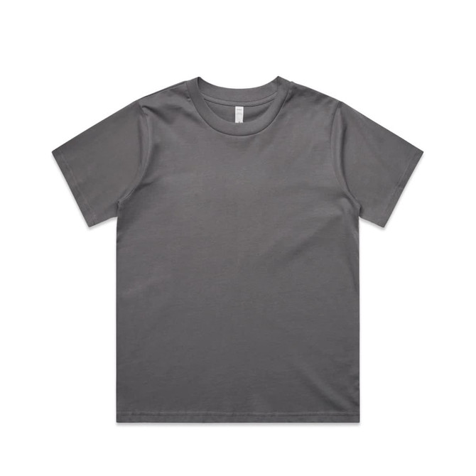 A grey t-shirt featuring a crew neck and short sleeves, with a simple design and a logo.