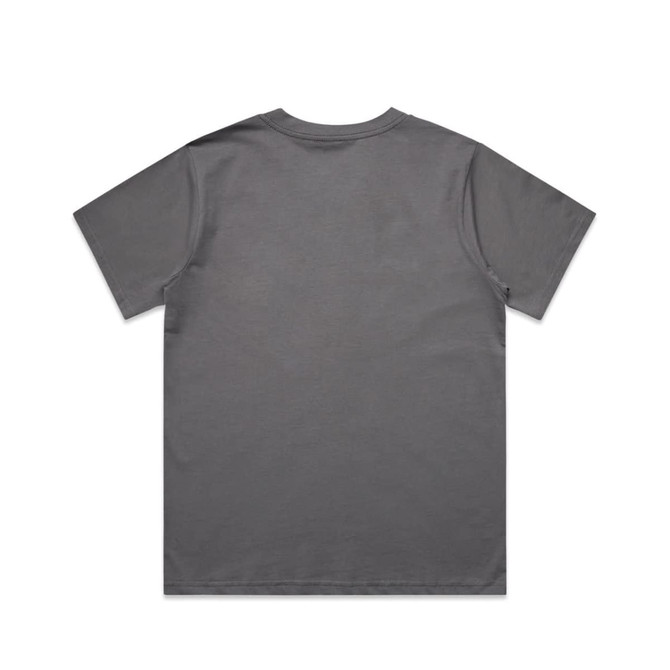A grey t-shirt with a classic cut, featuring a simple design and a logo on the back.