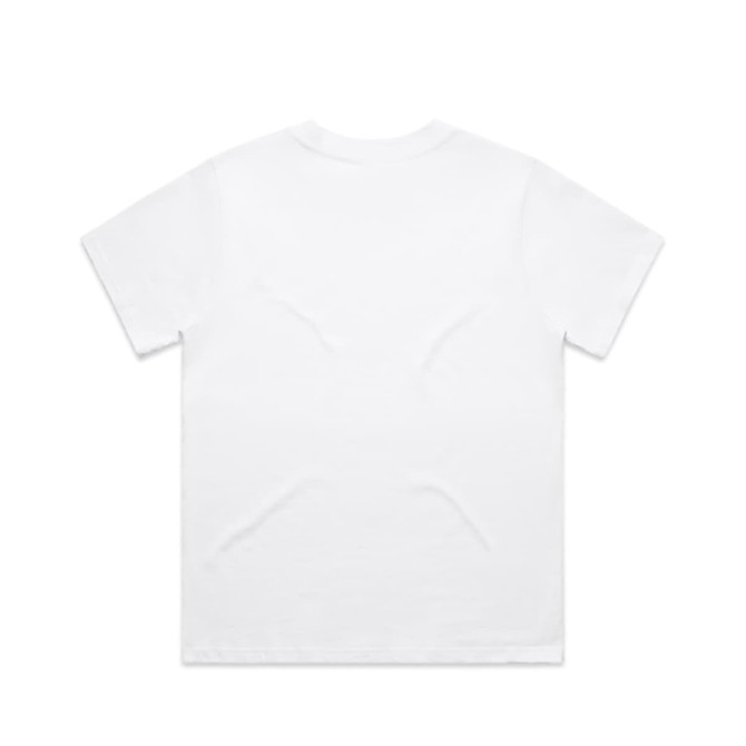 A plain white t-shirt with short sleeves, featuring a smooth, unembellished back. It has a small branding logo.