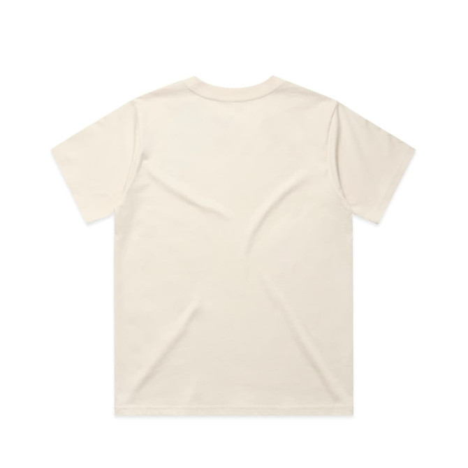 A classic beige t-shirt with short sleeves and a plain back, featuring a logo. Ideal for casual wear.