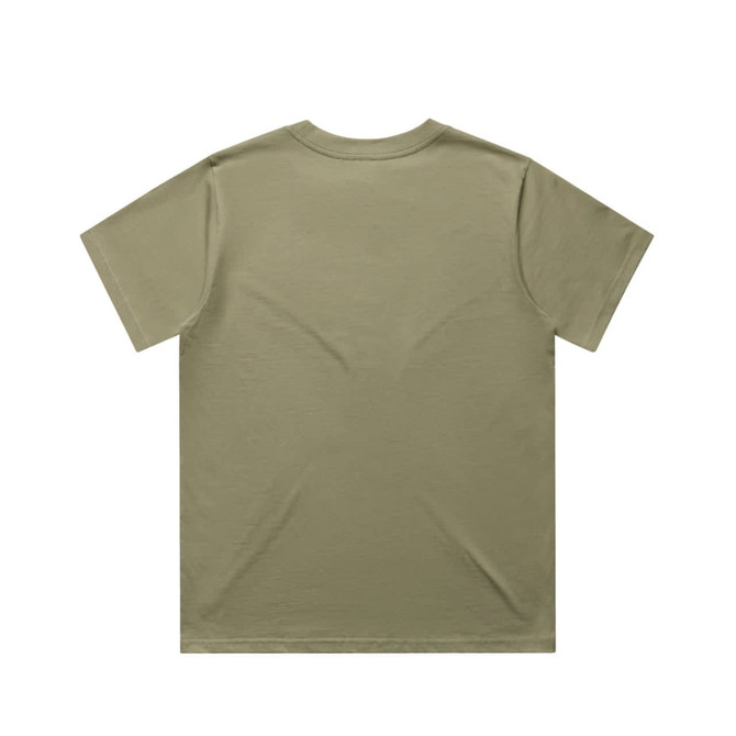 A plain olive green t-shirt with a round neckline and short sleeves, featuring a logo on the back.