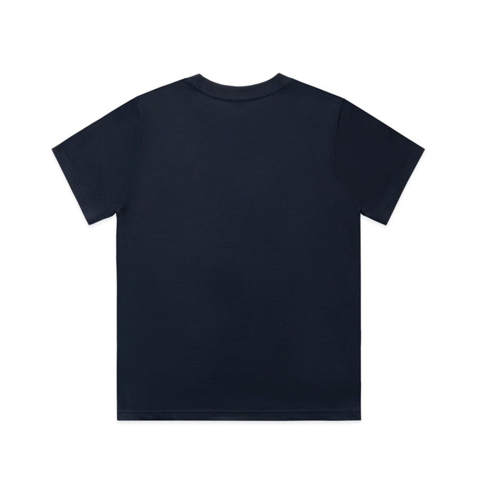 A navy blue t-shirt featuring a simple design and a logo on the back.