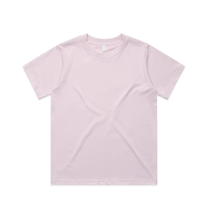 A pale pink t-shirt with a round neckline and short sleeves, featuring a logo on the label.