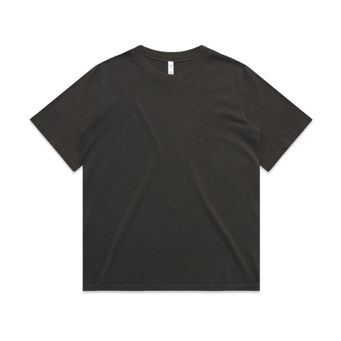 A dark faded t-shirt with a classic short-sleeve design and a label inside. It features a subtle logo.