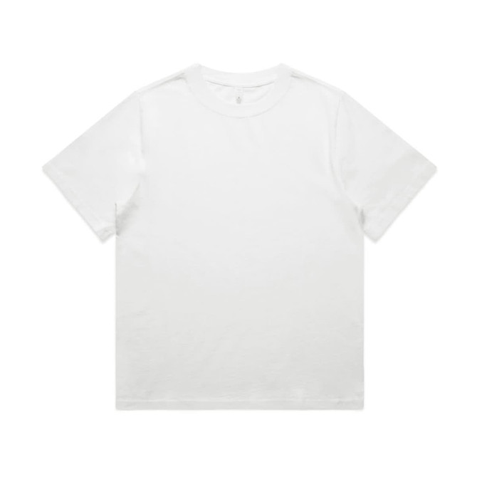 A white, heavy faded T-shirt featuring a minimalist design and a logo. Short sleeves and a classic fit.