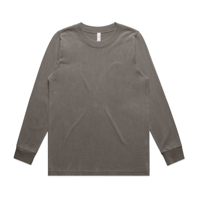 A long-sleeve T-shirt in a faded olive green hue, featuring a simple design and a logo.