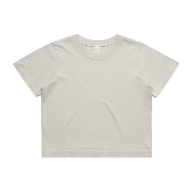 A light beige cropped T-shirt with short sleeves and a simple design. It features a logo on the label.