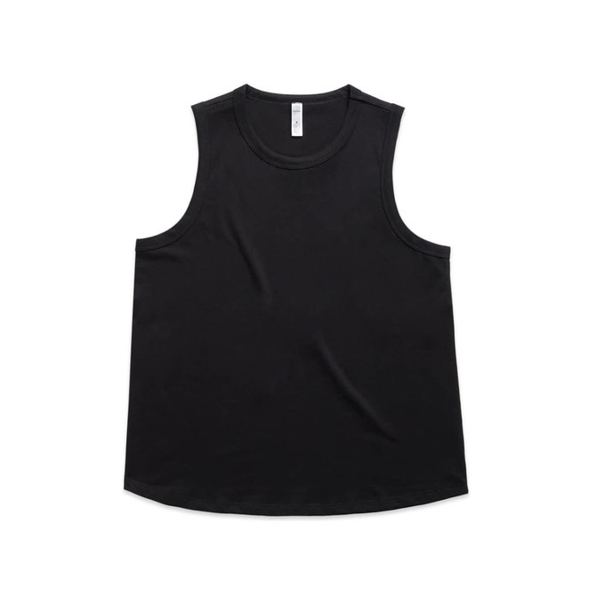 A black singlet tank top with a round neckline and a slight curved hem, featuring a logo.