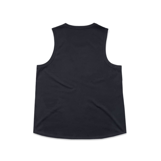 A black singlet tank top with a rounded neckline and sleeveless design. It has a subtle branding label.