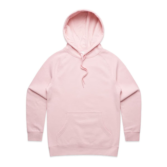 A pink hoodie with a front pocket and a hood. It features a logo on the design.