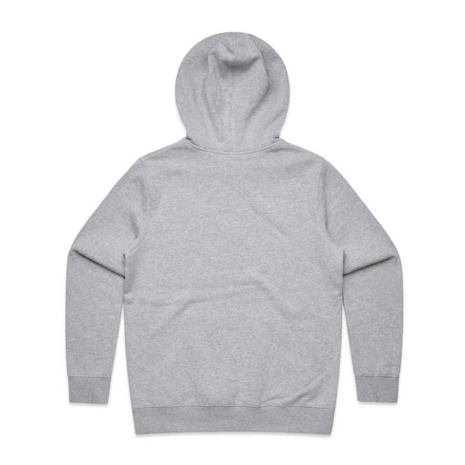 A grey hoodie featuring a hood, long sleeves, and a plain back design. It has a logo on the back.