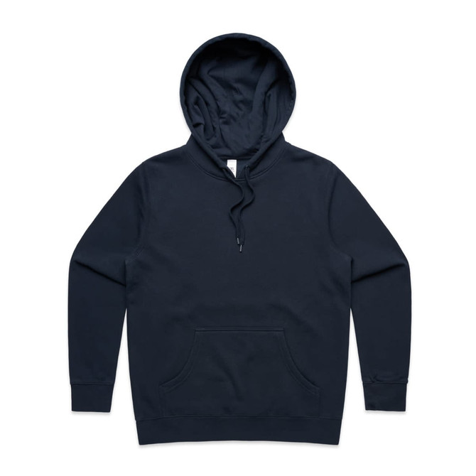 A navy blue hoodie with a front pocket and a drawstring hood, featuring a logo.