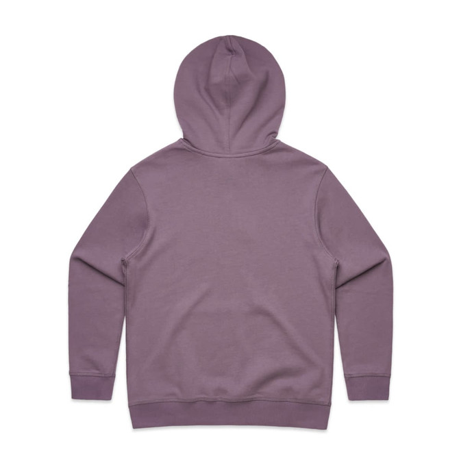 A purple hoodie with a hood and long sleeves, featuring a simple design and a logo on the back.