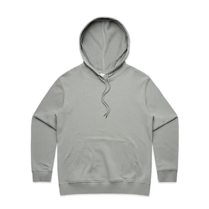 A light grey hoodie with a front pocket and a drawstring hood, featuring a branding logo.