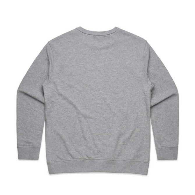 A grey crew jumper with long sleeves and a classic fit. It features a logo on the back.