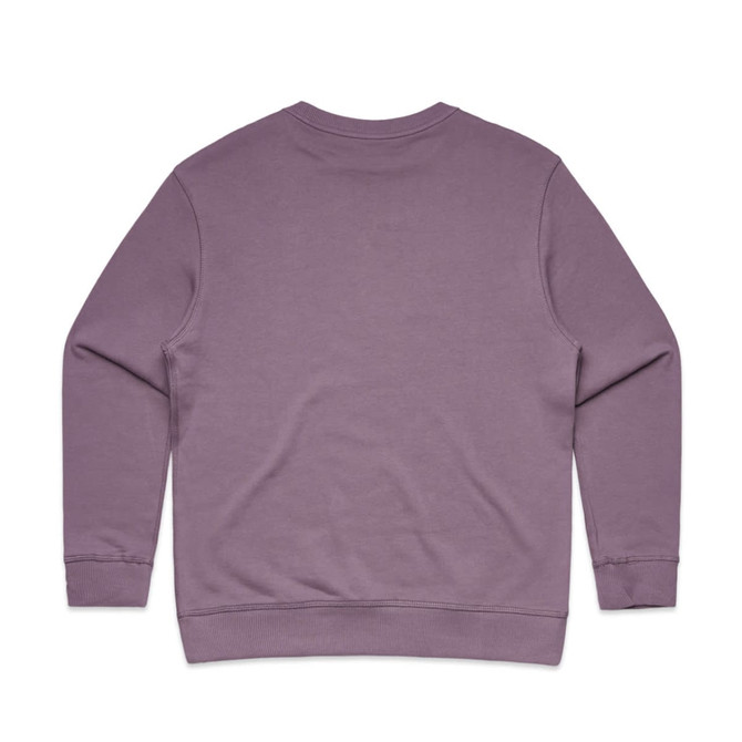 A lavender sweater with long sleeves, featuring a plain back and a ribbed hem. It includes a branding logo.