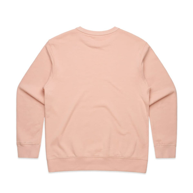 A pink jumper with a crew neck and ribbed cuffs, featuring a plain back and a logo.