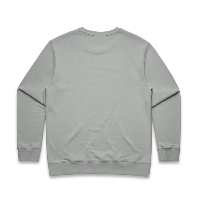 A light green crew jumper with a simple design and a logo on the back.