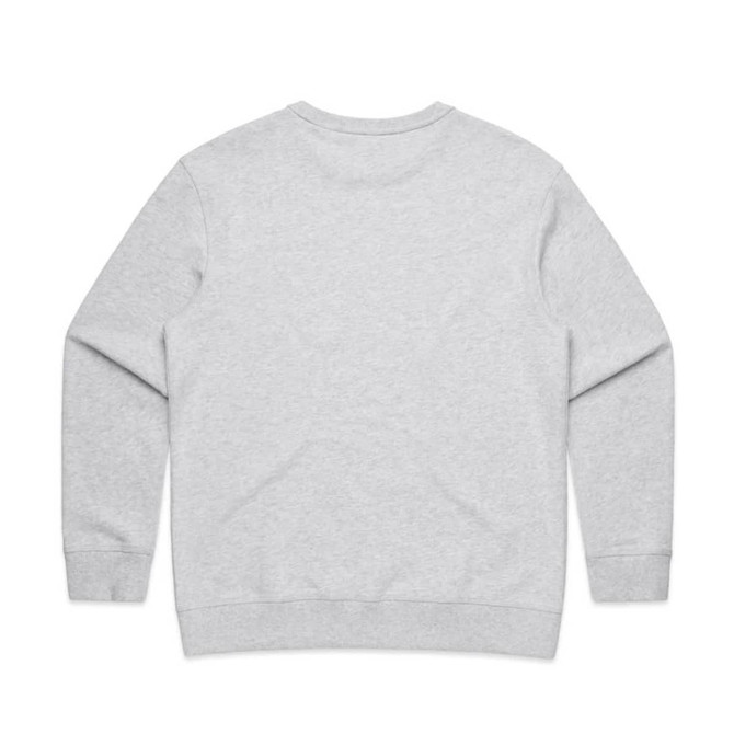 A light grey crew jumper with long sleeves and a rounded neckline. It features a simple design on the back and has a logo.