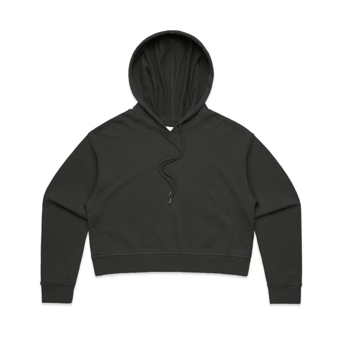 A cropped hoodie in dark grey, featuring a hood and long sleeves. It has a simple design with no visible logos.