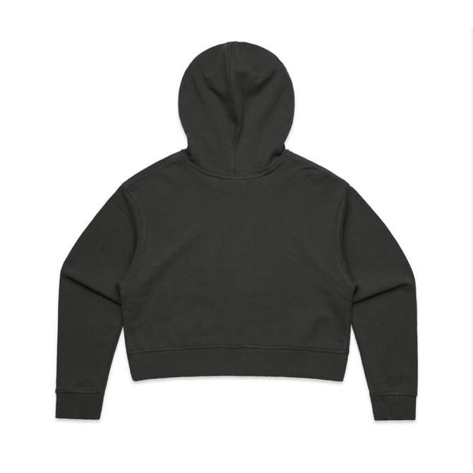 A dark grey cropped hoodie with a hood and long sleeves, featuring a minimalistic design and logo.