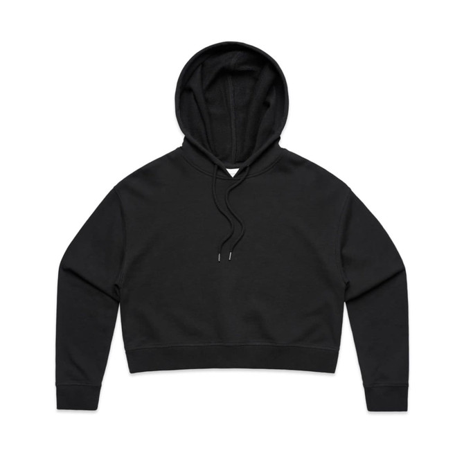 A black cropped hoodie with a hood, featuring long sleeves and a relaxed fit. Includes a logo detail.