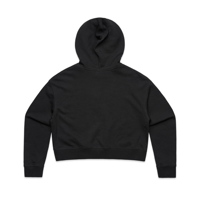 A black cropped hoodie with a hood, featuring a simple design and a snug fit.