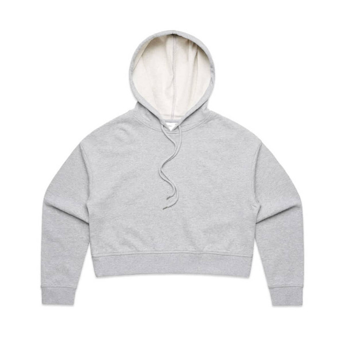 A grey cropped hoodie with a light-coloured lining and a front pocket. It has a drawstring hood and long sleeves.