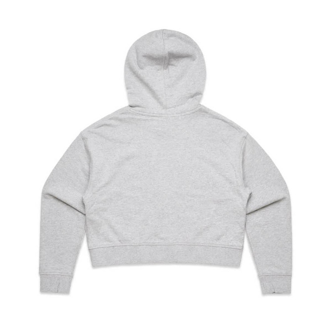 A grey cropped hoodie with a hood and long sleeves, featuring a simple design. It has a logo on it.