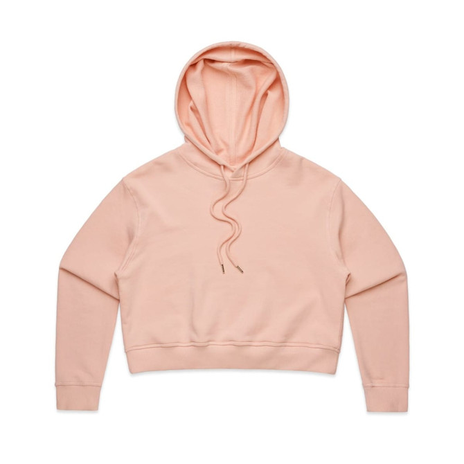 A peach-coloured crop hoodie with a hood and long sleeves, featuring a simple design and a logo.