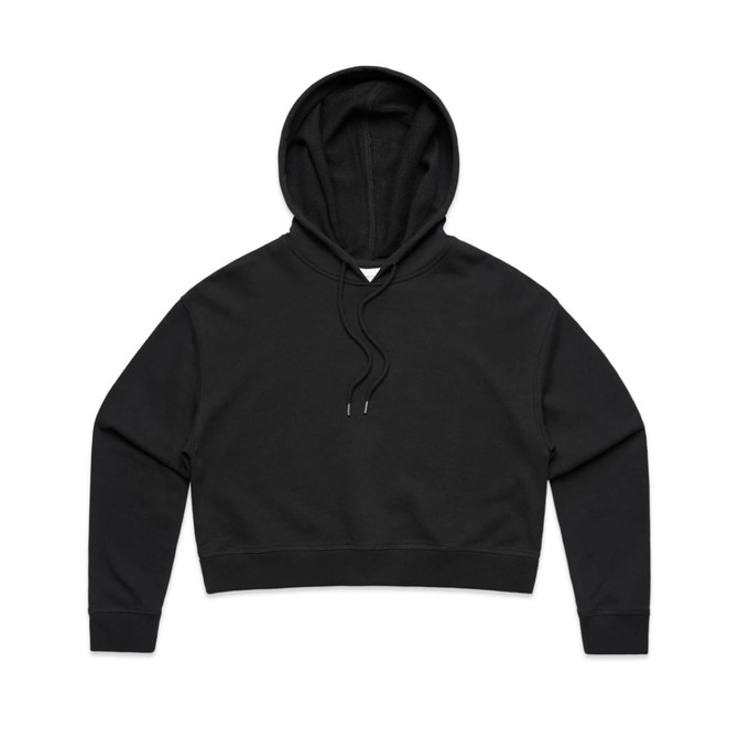 A black cropped hoodie featuring a drawstring hood and long sleeves, with a logo on the front.