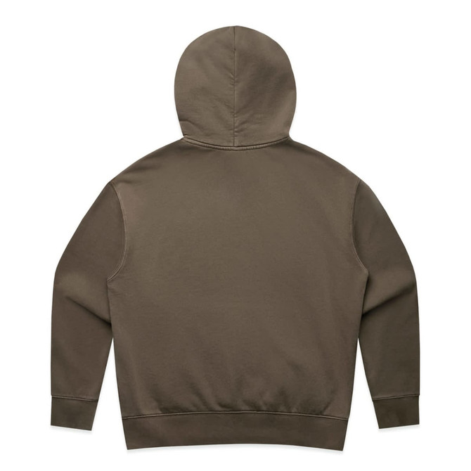 A faded olive green hoodie with a hood, featuring long sleeves and ribbed cuffs. Includes a branding logo.