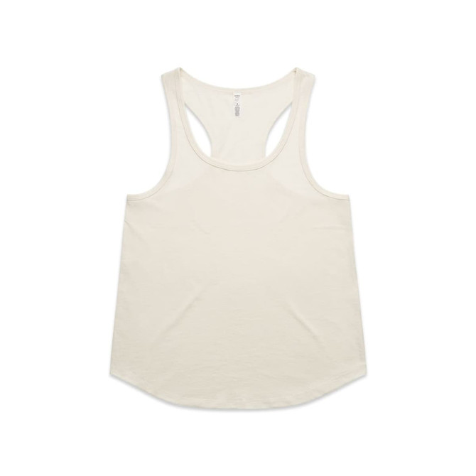 A cream-coloured racerback tank top with a rounded hem and a logo on the label.
