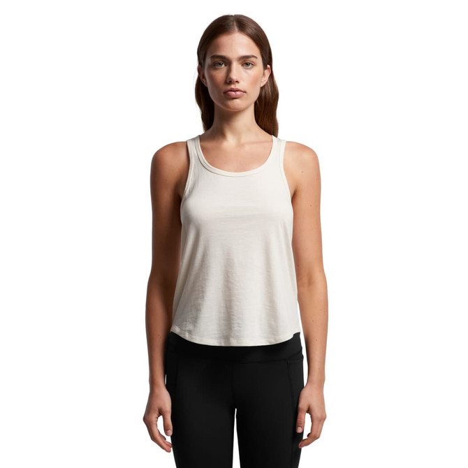 A lightweight, cream-coloured racerback singlet with a fitted design, featuring a logo.