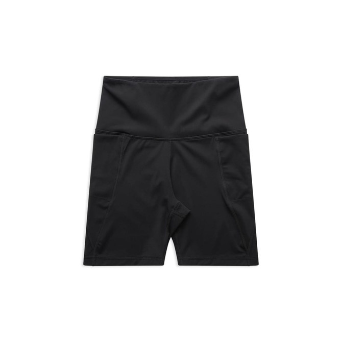 Black active bike shorts with a high waistband and side pockets, featuring a logo.