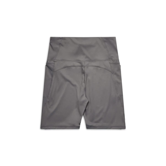 Active bike shorts in a grey colour with a smooth finish and a logo, featuring a high waistband and pockets.