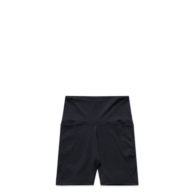 Black active bike shorts featuring a high waistband and pockets, with a logo present.