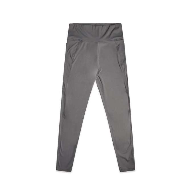 Active leggings in a sleek grey colour, featuring a high waistband and side pockets. Includes branding on the fabric.