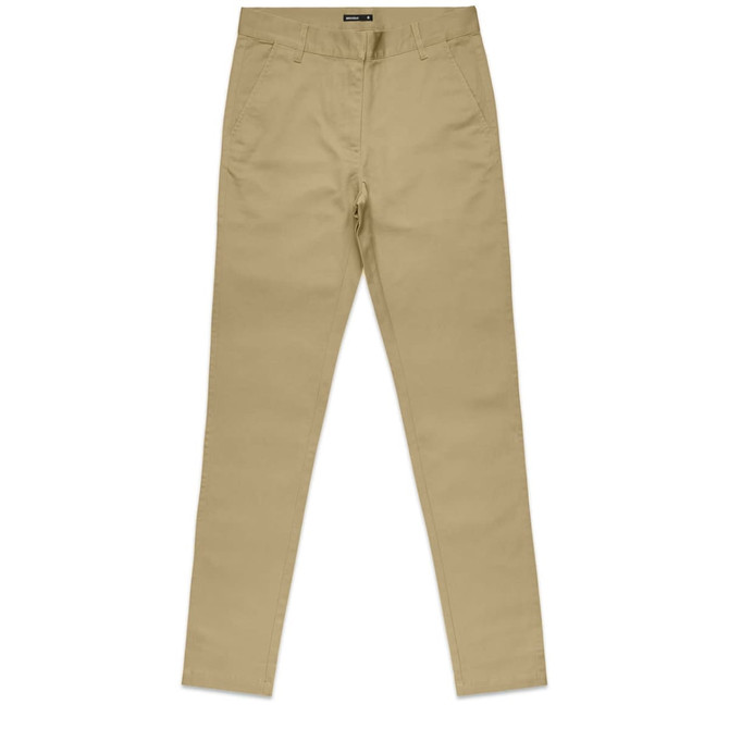 A pair of khaki standard pants with a fitted design, featuring a waistband and a logo.