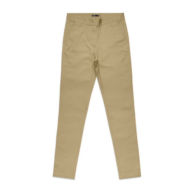 A pair of light khaki slacks with a fitted style, featuring a waistband and front pockets. The product has a logo.