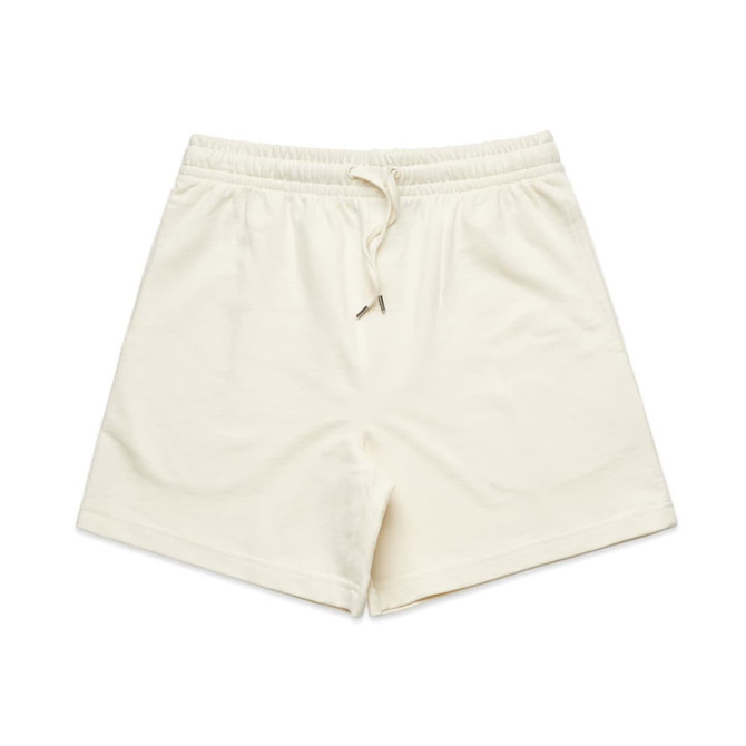 Cream-coloured sports shorts with an elastic waistband and drawstring, featuring a subtle logo.