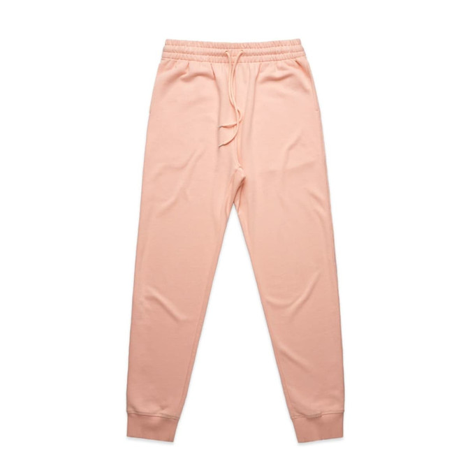 Light pink track pants with a drawstring waistband and cuffed ankles, featuring a logo on the waistband.