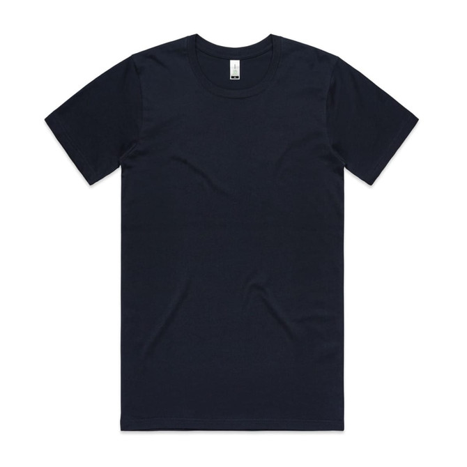 A navy blue organic T-shirt with short sleeves and a round neck. It features a logo on the neckline.