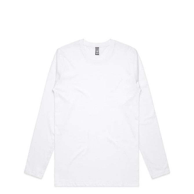 A white long-sleeve T-shirt with a logo on the label. Simple and classic design.
