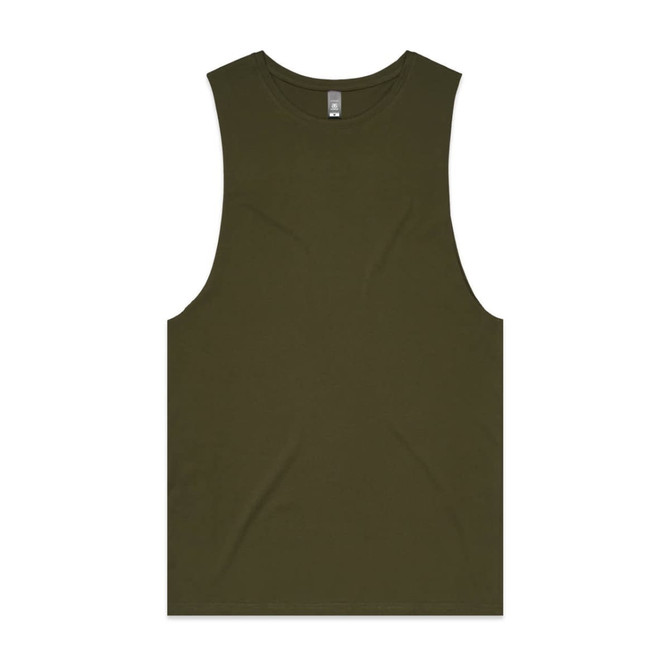 A sleeveless tank top in olive green with a simple design and a logo on the label.